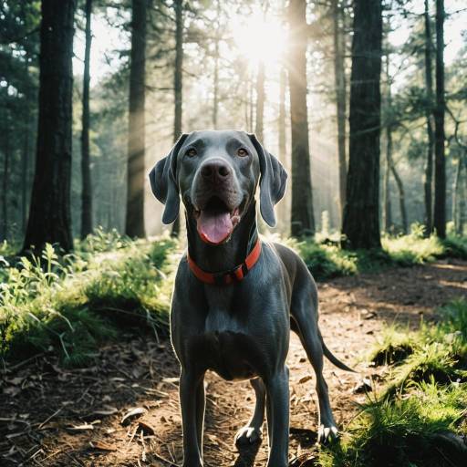 Cinematic Weimaraner in Sunlit Forest Cinematic Weimaraner in Sunlit Forest