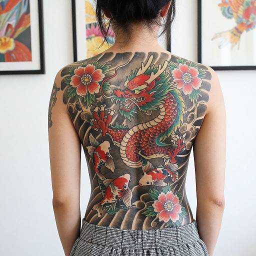 Photograph of an Asian woman with black hair, back facing camera, showcasing a vibrant, full-back traditional Japanese dragon tattoo with red flowers, surrounded by