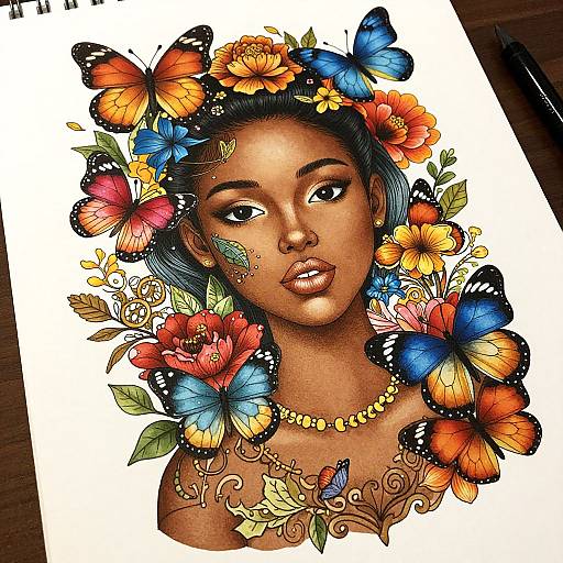 Vibrant digital drawing of dark-skinned woman with floral crown, surrounded by colorful butterflies, adorned with necklace, on white paper.