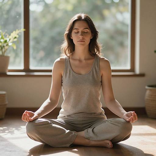 Photograph of a serene woman with long brown hair, wearing a gray tank top and pants, meditating in a sunlit room. She sits cross