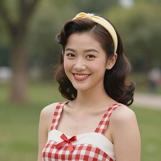Smiling Young Woman in Vintage Outfit Outdoors