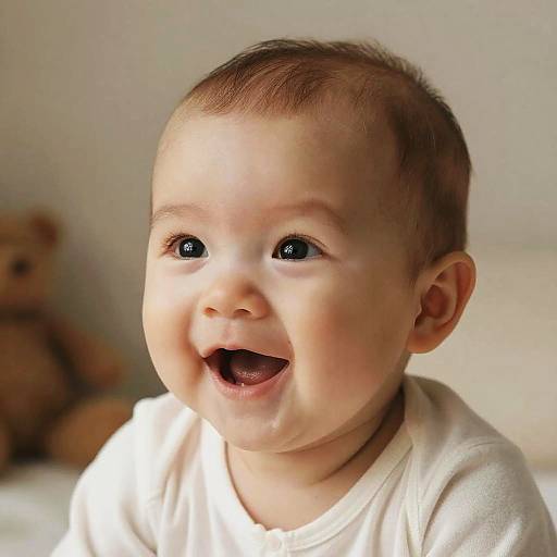 Photograph of a smiling baby with blue eyes, light skin, and short brown hair, wearing a white shirt, with a blurred teddy bear in