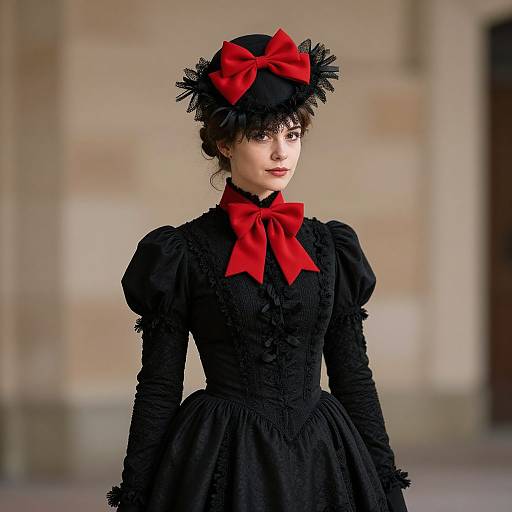 Photograph of a pale-skinned woman in Victorian-style black dress with red bows, black lace hat, and puffed sleeves, standing against a blurred