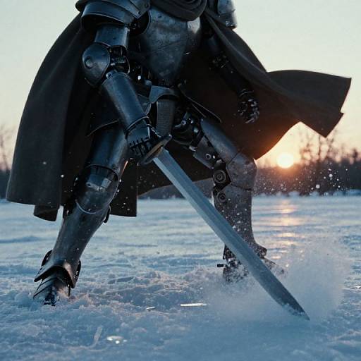 Photograph of a medieval knight in dark armor and flowing cape, sword planted in snowy ground, sunset in background, trees silhouetted.