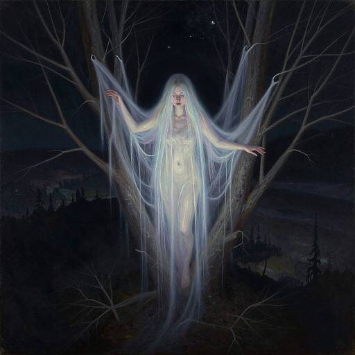 Ghostly figure with long, glowing white hair and translucent body, standing in dark, barren tree at night, ethereal and haunting.