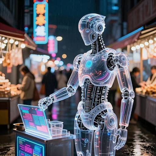Photograph of a glowing, transparent humanoid robot operating a neon-lit cash register on a rainy, vibrant, neon-lit street market at night.