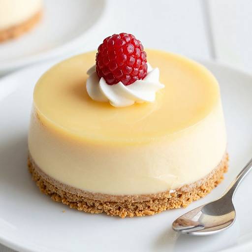 Photograph of a cream-filled cheesecake with a golden crust, topped with a single raspberry and white cream, on a white plate with a silver spoon