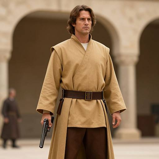 Photograph of a serious-looking man with wavy brown hair, wearing a tan tunic and brown belt, holding a black pistol, in front of