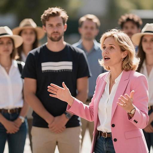 Photograph of a blonde woman in a pink blazer and white shirt, speaking animatedly outdoors, with a group of casually dressed men and women in