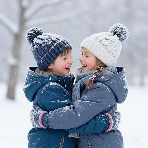 Photograph of two laughing children in winter hats and coats, snowflakes on their clothes, embracing in a snowy, tree-filled background.
