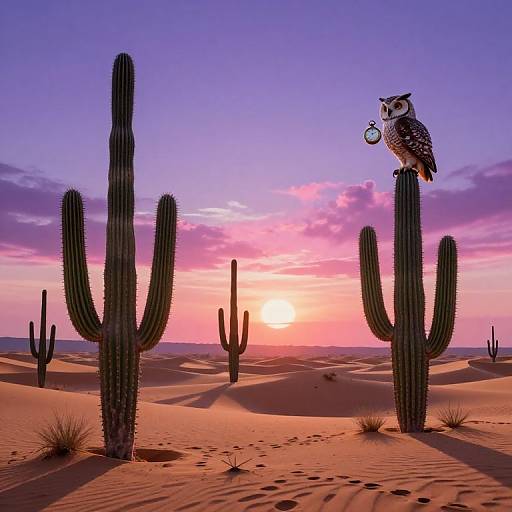 Photograph of an owl perched on a tall cactus, holding a small owl ornament, against a vibrant sunset over a desert with scattered cact