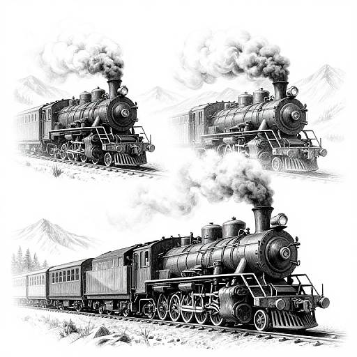Black and white illustration of three vintage steam locomotives, each emitting smoke, positioned diagonally across the image. Detailed, realistic drawing style.
