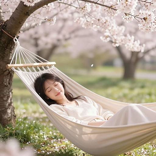 Asian woman with long black hair, smiling, sleeping in white hammock under blooming cherry tree in sunlit, green grassy park.