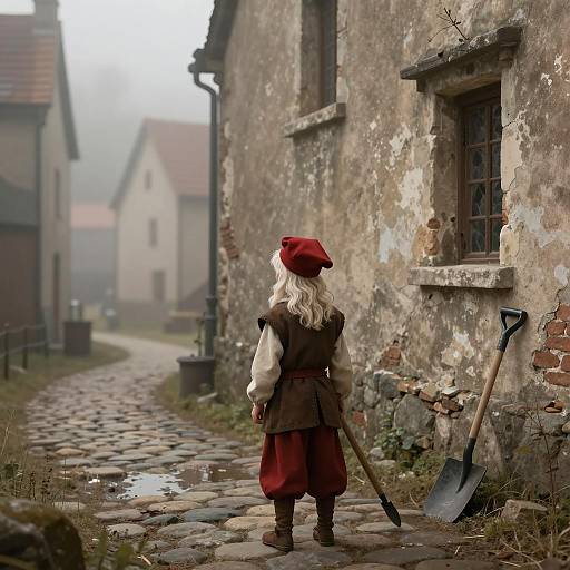 Medieval Boy on Cobblestone Path
