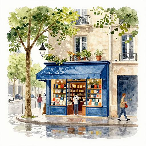 Watercolor painting of a charming, blue-fronted bookstore on a rainy street, with leafy trees, pedestrians, and potted plants on a quaint