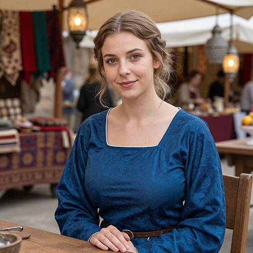Photograph of a young white woman with brown hair in a loose bun, wearing a textured blue medieval-style dress, sitting at an outdoor market stall with