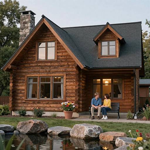 Couple Sitting Outside Log Cabin