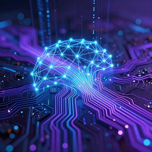 Digital CGI image of a glowing blue network of interconnected nodes on a dark, circuitry-laden background with neon purple lines.