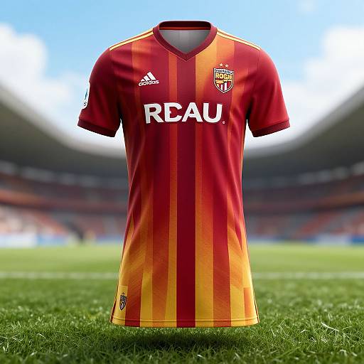 Photograph of a red and orange vertically striped Real Betis football jersey with 