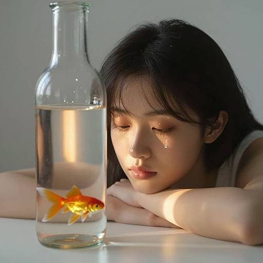 Photograph of a sad Asian woman with black hair, tears on her cheek, leaning on a table beside a clear bottle with a goldfish. Soft