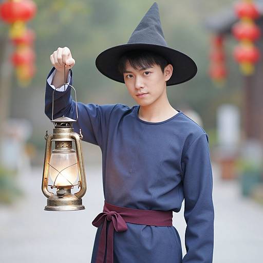Photograph of an Asian young boy in a black witch hat and blue tunic, holding a lantern, with blurred red lanterns in the background.
