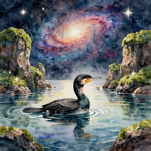 Digital painting of a black cormorant with yellow beak, floating in a glowing, starry galaxy-filled lake, surrounded by rocky cliffs.