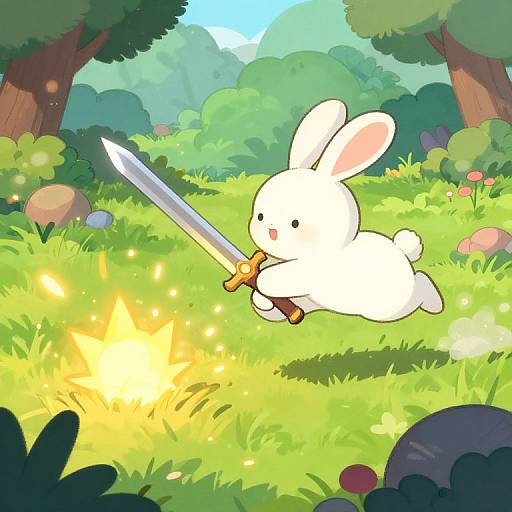 Cute white cartoon bunny wielding a sword, leaping over a bright yellow fire in a vibrant, sunny forest clearing. Digital art.