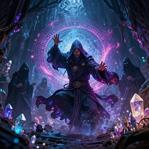 Digital fantasy artwork of a hooded sorcerer casting a spell in a mystical, dimly lit cave with glowing crystals and floating spirits.