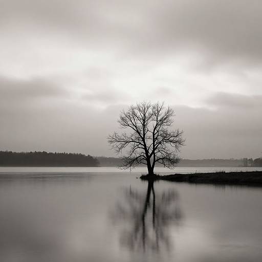 Black-and-white photograph of a solitary, leafless tree standing in calm water, with a reflected silhouette and overcast sky.
