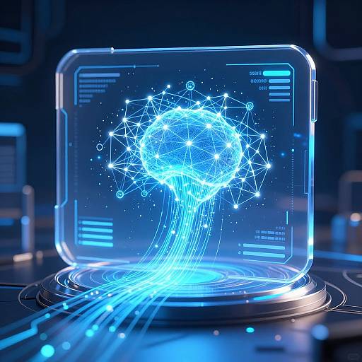 Digital CGI image of a glowing blue neural network tree on a futuristic holographic screen with neon lines and text.