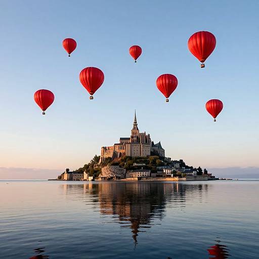 Photograph of a serene island with a grand castle, surrounded by calm water, reflecting red hot air balloons in a clear blue sky.