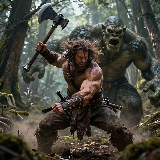 Muscular warrior with wild hair and fur loincloth, wielding axe, confronts snarling, green-skinned orc in dense, misty