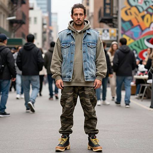 Photograph of a bearded man with short dark hair, wearing a denim vest, olive hoodie, camo pants, and yellow sneakers, standing in