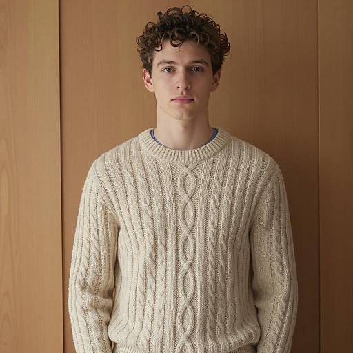 Young Man in Beige Cable Knit Sweater
