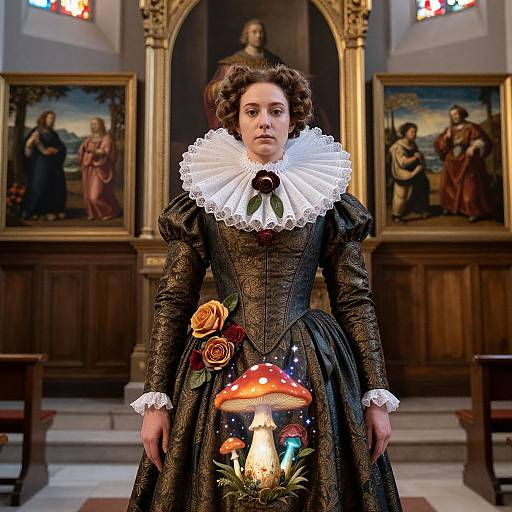Photograph of a woman in a 17th-century-style black dress with a white ruffled collar, holding glowing mushrooms, in a church with religious