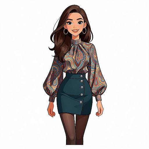 Digital illustration of a smiling woman with long brown hair, wearing a patterned blouse, high-waisted blue skirt with buttons, black tights,