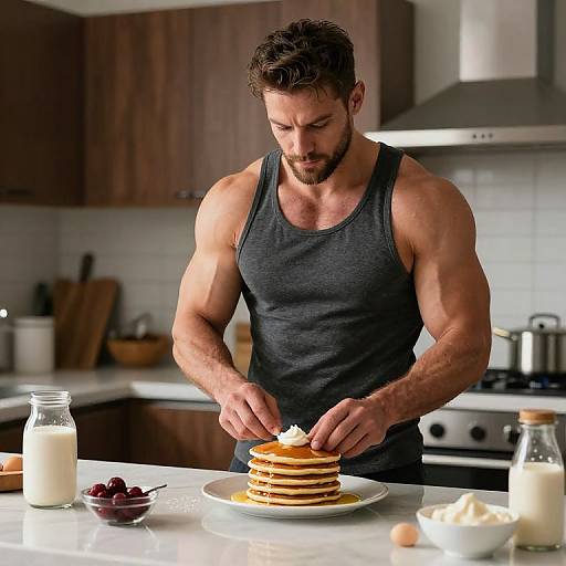Muscular bearded man in gray tank top, cooking pancakes in modern kitchen, adding cream, with milk and eggs on counter. Photograph.