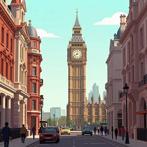 Pixel art of London's Big Ben between red and pink buildings, with cars and pedestrians on a sunny street.