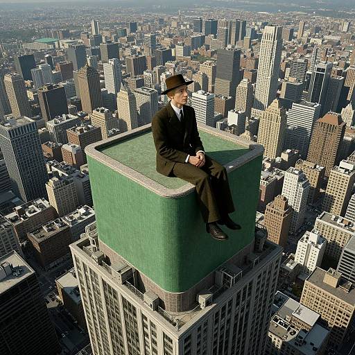 Photograph of a man in a black suit and hat, sitting on the green roof of a skyscraper, overlooking a sprawling urban cityscape from a