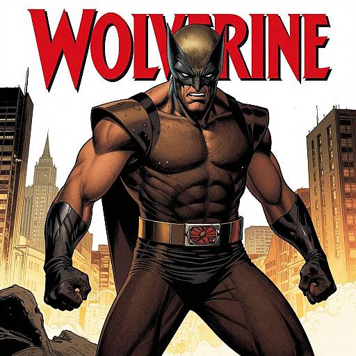 Digital comic art of muscular, dark-skinned Wolfman in black suit, mask, and belt with red emblem, standing powerfully in cityscape.