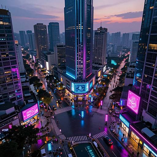 Aerial photograph of a vibrant, neon-lit city intersection at dusk, featuring towering skyscrapers, colorful LED signs, busy streets, and a