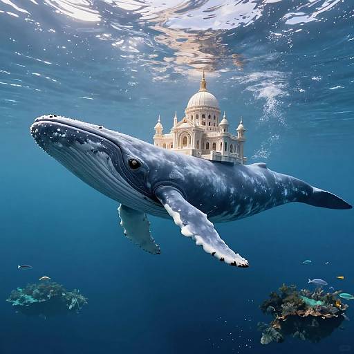 Photograph of a massive blue-gray humpback whale swimming underwater beneath a sunlit, white-domed building, surrounded by coral reefs and small fish
