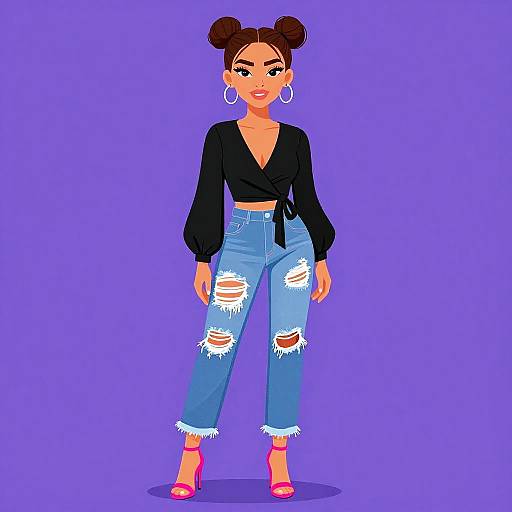 Digital illustration of a stylish woman with dark skin, double buns, black crop top, ripped blue jeans, pink heels, and hoop earrings, against
