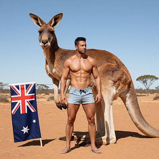 Photograph of a muscular, shirtless man in blue shorts standing in an Australian desert with a kangaroo beside him, holding a Union Jack flag.