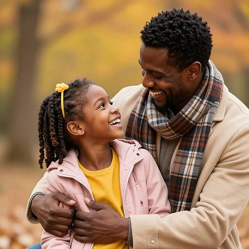 Photograph of a smiling African-American father and daughter in autumn; father in beige coat and plaid scarf, daughter in pink jacket and yellow shirt,