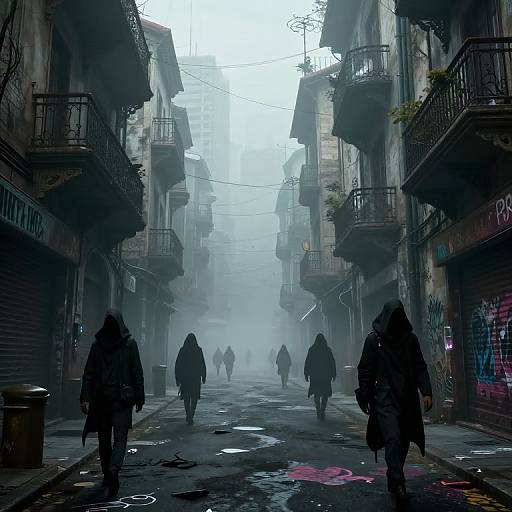 Photograph-style digital art: Foggy, narrow urban alley with dark, shadowy figures in hooded coats walking away. Graffiti-covered walls,