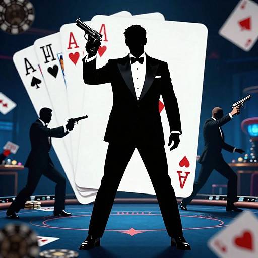 Silhouetted men in tuxedos with guns, standing in front of Ace of Spades backdrop, in a dimly lit casino.