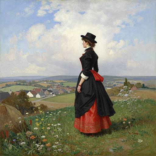 Victorian-style painting of a woman in black dress and hat, red skirt, standing in a colorful meadow, gazing at distant village under a