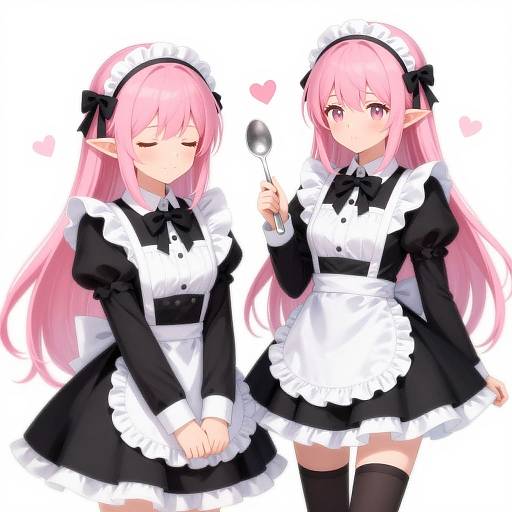 Anime-style digital drawing of two pink-haired, elf-eared maid girls in black and white uniforms, one holding a spoon, white background.