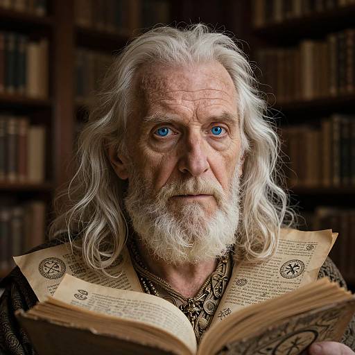 Photograph of an elderly man with long white hair and beard, blue eyes, holding an ornate open book in a dimly lit library.